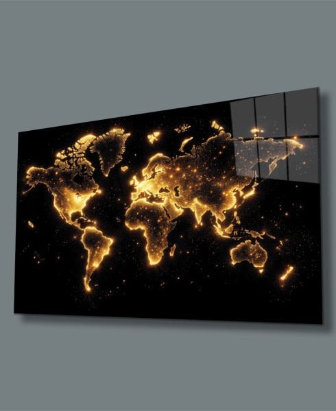 Işıklar İçinde Dünya Haritası Cam Tablo Hediyelik Büyük Tablo Ev Ofis Dekoru