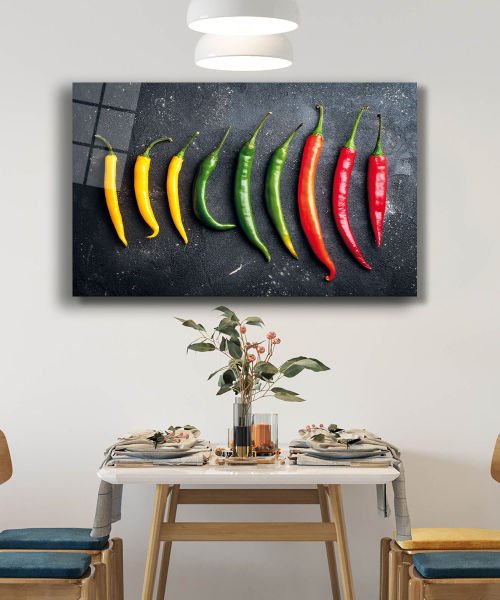 Renkli Biberler Sebze Mutfak Cam Tablo  4mm Dayanıklı Temperli Cam Vegetable Kitchen Glass Wall Art