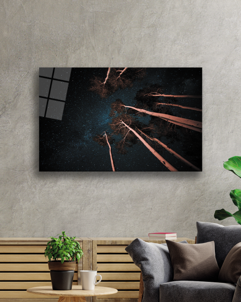 Ağaçlar Kahverengi Mavi  Tablo 4mm Dayanıklı Temperli Cam  Brown Trees Starry Sky Glass Painting