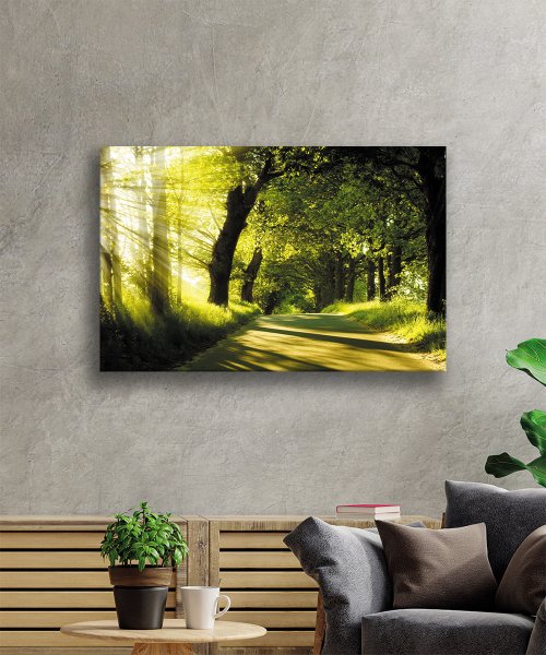 Gün Batımı Orman Manzara Yeşil Cam Tablo  4mm Dayanıklı Temperli Cam Sunset Forest Green Landscape Glass Wall Art