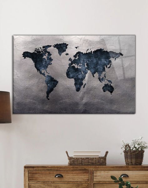 Gri Eskitme Dünya Haritası 4mm Dayanıklı Cam Tablo Temperli Cam, World Map Glass Wall Art