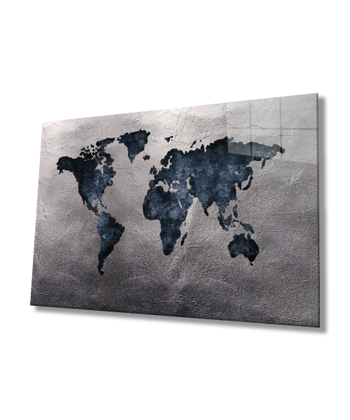 Gri Eskitme Dünya Haritası 4mm Dayanıklı Cam Tablo Temperli Cam, World Map Glass Wall Art