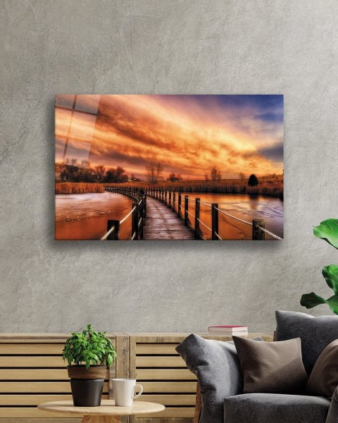 Gün Batımı Manzarasında Ahşap Köprü  Cam Tablo  4mm Dayanıklı Temperli Cam Wooden Bridge Glass Painting 4mm Durable Tempered Glass In Sunset View