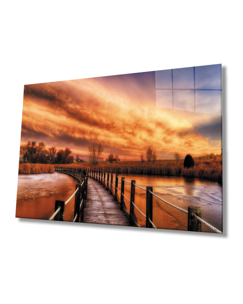 Gün Batımı Manzarasında Ahşap Köprü  Cam Tablo  4mm Dayanıklı Temperli Cam Wooden Bridge Glass Painting 4mm Durable Tempered Glass In Sunset View