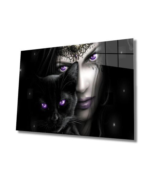 Fantastik Kadın Siyah Kedi Mor Gözler Cam Tablo  4mm Dayanıklı Temperli Cam,  Fantasy Woman Black Cat Purple Eyes Glass Wall Art