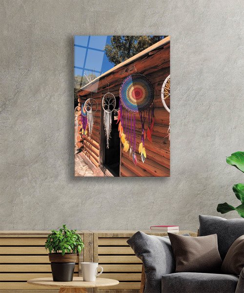 Renkli Makrome Sarkıt Görselli Bohem Tarzı  Temperli Cam Tablo Bohemian Style with Colorful Macrame Pendant Image Glass Wall Art