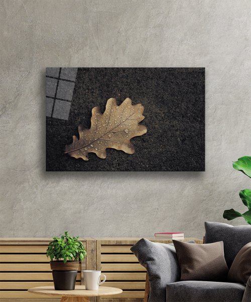 Kahverengi Yaprak Cam Tablo  4mm Dayanıklı Temperli Cam  Brown Leaf  Glass Wall  Art