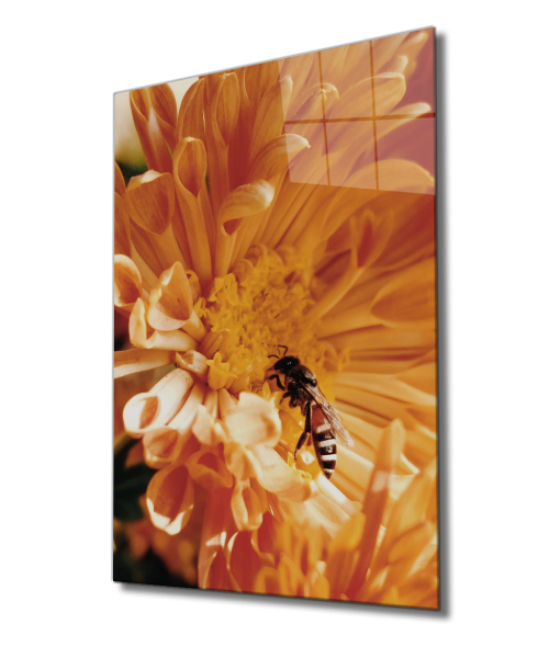 Sarı Çiçek Arı Cam Tablo  4mm Dayanıklı Temperli Cam, Yellow Flower Bee Glass Wall Decor
