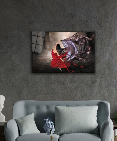 Kırmızı Dans Eden Kadın Uçuşan Tüller Cam Tablo  4mm Dayanıklı Temperli Cam, Red Dancing Woman Flying Tulle Glass Wall Art