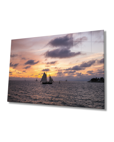 Gün Batımı Deniz Yelkenli Cam Tablo  4mm Dayanıklı Temperli Cam Sunset Sea Sail Glass Table 4mm Durable Tempered Glass