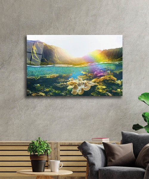 Gün Batımı ve Deniz Sualtı Cam Tablo  4mm Dayanıklı Temperli Cam, Sunset Sea Marine Life Glass Wall Art