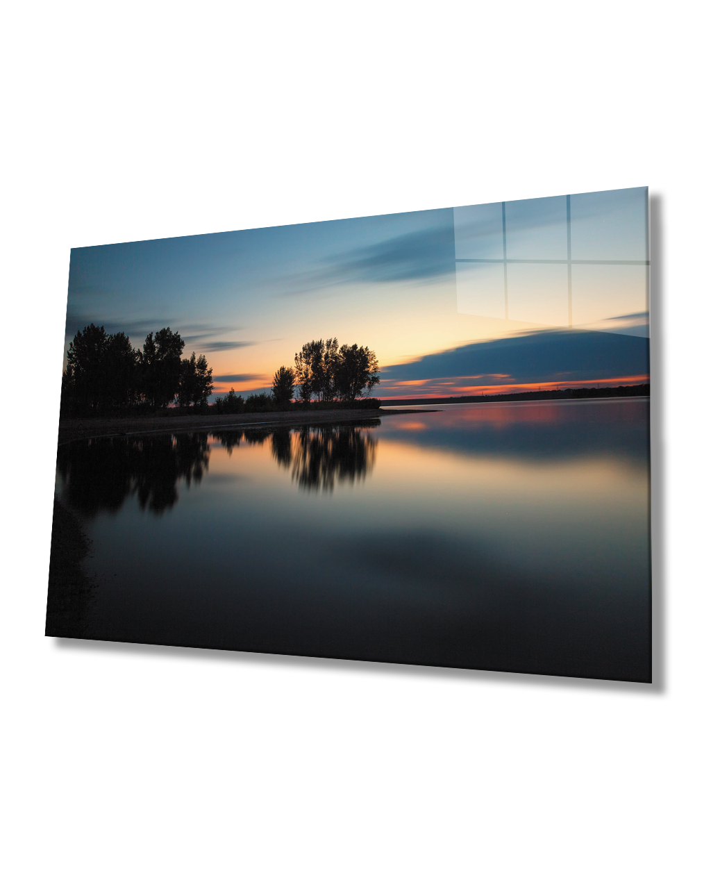 Gün Batımı Ağaç Göl Yansıma Cam Tablo  4mm Dayanıklı Temperli Cam Sunset Tree Lake Reflection Glass Painting 4mm Durable Tempered Glass