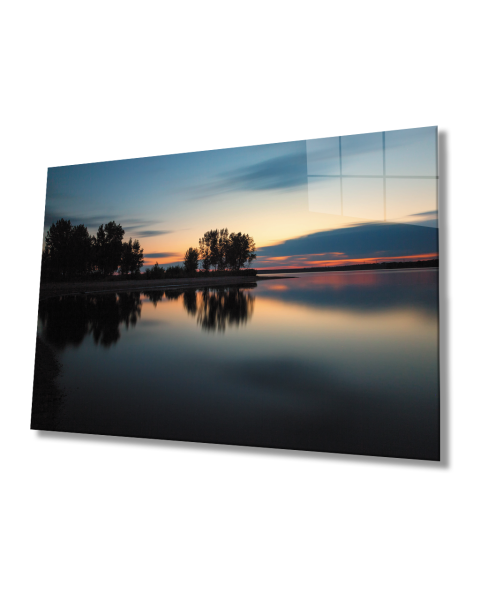 Gün Batımı Ağaç Göl Yansıma Cam Tablo  4mm Dayanıklı Temperli Cam Sunset Tree Lake Reflection Glass Painting 4mm Durable Tempered Glass