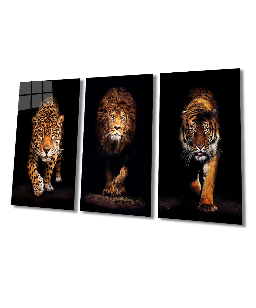 3'lü Hayvan Kombin (Aslan, Kaplan ve Jaguar) Cam Tablo  4mm Dayanıklı Temperli Cam, Lion, Tiger Jaguar Combine Glass Wall Decor