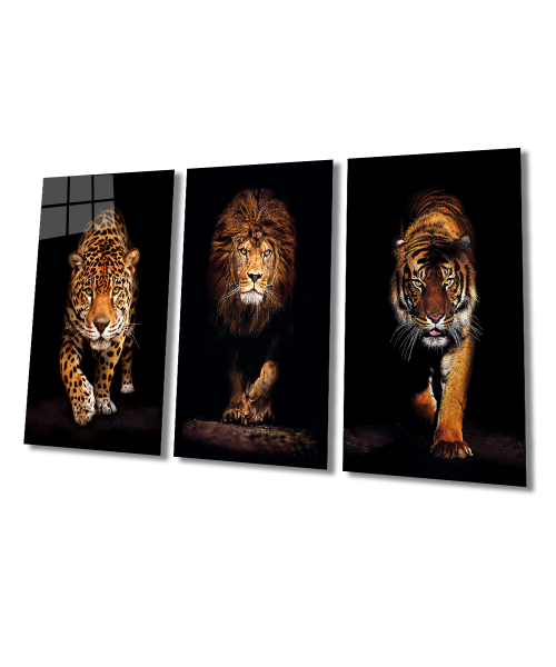 3'lü Hayvan Kombin (Aslan, Kaplan ve Jaguar) Cam Tablo  4mm Dayanıklı Temperli Cam, Lion, Tiger Jaguar Combine Glass Wall Decor