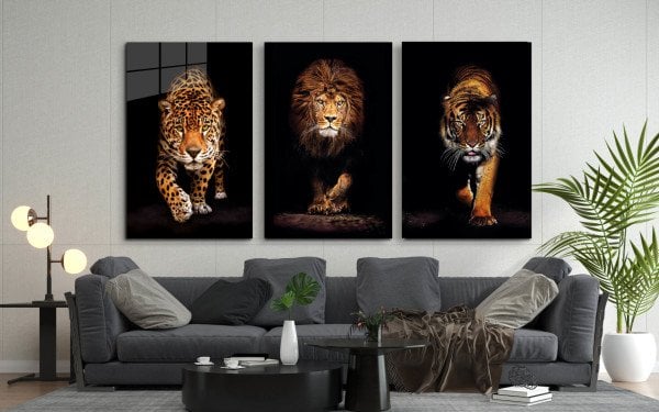 3'lü Hayvan Kombin (Aslan, Kaplan ve Jaguar) Cam Tablo  4mm Dayanıklı Temperli Cam, Lion, Tiger Jaguar Combine Glass Wall Decor