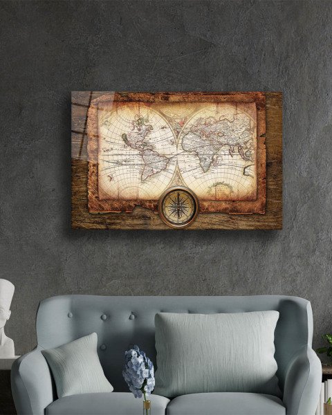 Tahtada Dünya Haritası 4mm Dayanıklı Cam Tablo Temperli Cam, World Map on Wood