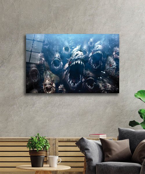 Köpek Balıkları Cam Tablo  4mm Dayanıklı Temperli Cam, Sharks Glass Wall Art