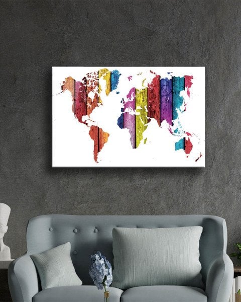 Renkli Tahta Dünya Haritası 4mm Dayanıklı Cam Tablo Temperli Cam, World Map