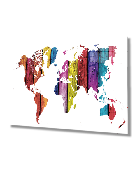 Renkli Tahta Dünya Haritası 4mm Dayanıklı Cam Tablo Temperli Cam, World Map