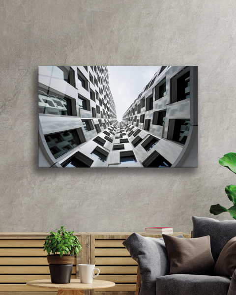 Geometrik Siyah  Beyaz Bina Cam Tablo 4mm Dayanıklı Temperli Cam Geometric Architecture White Building Glass Painting