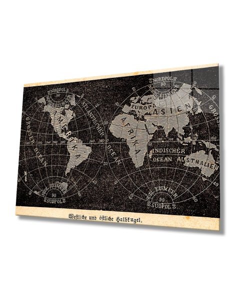 Eski Siyah Beyaz Eski Dünya Haritası 4mm Dayanıklı Cam Tablo Temperli Cam, World Map