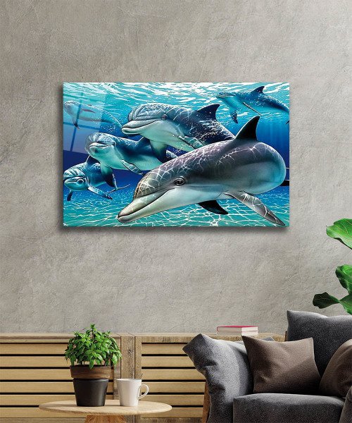 Yunus Balığı Cam Tablo  4mm Dayanıklı Temperli Cam, Dolphin Glass Wall Art