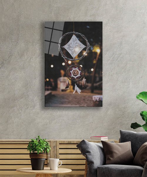 Dantelli  Sarkıt Görselli   Bohem Tarzı  Temperli Cam Tablo Bohemian Style with Lacy Pendant Image Glass Wall Art