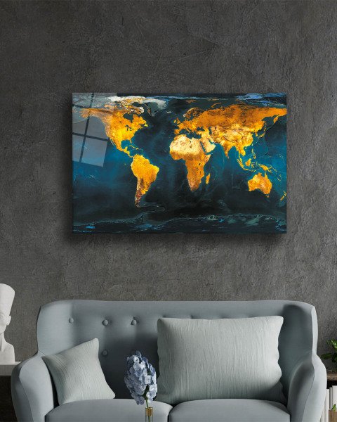 Dünya Haritası Cam Tablo 4mm Dayanalı Temperli Cam - World Map Wall Art