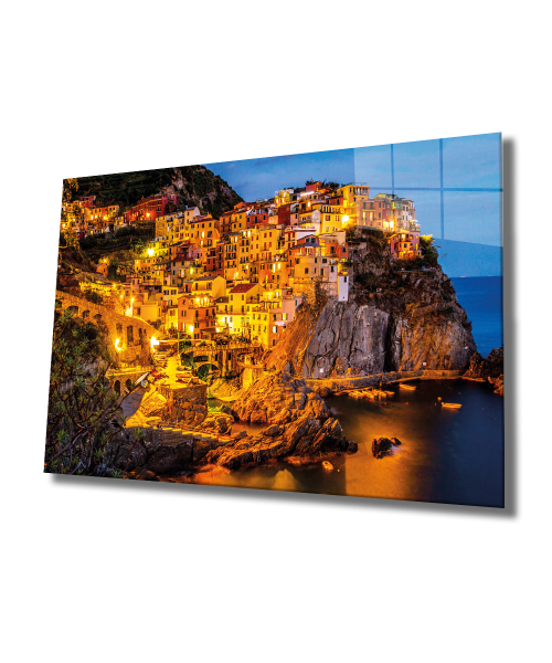 Dağ Işıklı Evler Cam Tablo  4mm Dayanıklı Temperli Cam, Mountain Houses Glass Wall Decor