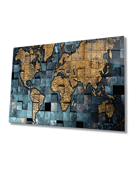 Altın Renkli Dünya Haritası 4mm Dayanıklı Cam Tablo Temperli Cam, World Map