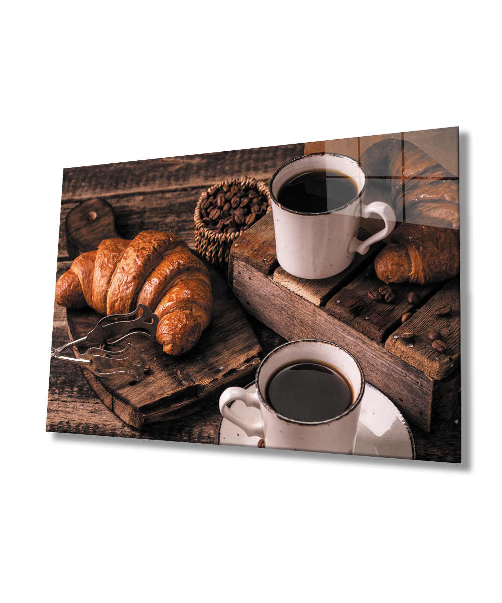 Kruvasan Kahve Cam Tablo  4mm Dayanıklı Temperli Cam Croissant Coffee Glass Wall Art