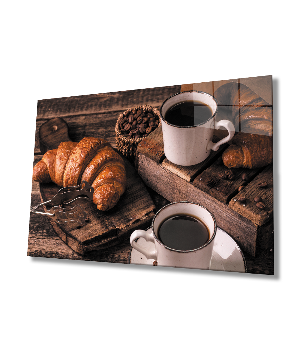 Kruvasan Kahve Cam Tablo  4mm Dayanıklı Temperli Cam Croissant Coffee Glass Wall Art