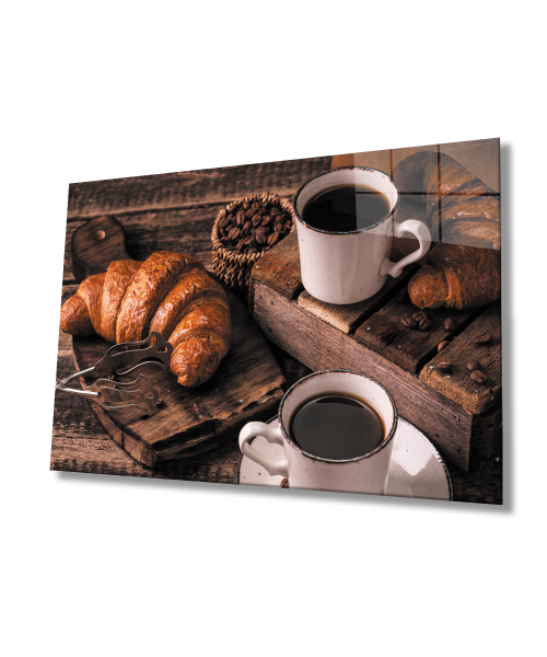 Kruvasan Kahve Cam Tablo  4mm Dayanıklı Temperli Cam Croissant Coffee Glass Wall Art