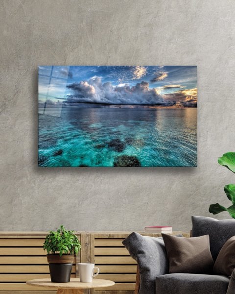 Gün Batımı Deniz Bulut Mavi Cam Tablo  4mm Dayanıklı Temperli Cam Sunset Sea Cloud Blue Glass Table 4mm Durable Tempered Glass