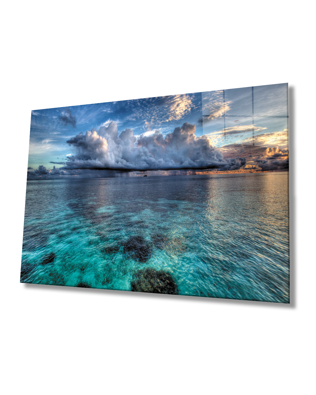 Gün Batımı Deniz Bulut Mavi Cam Tablo  4mm Dayanıklı Temperli Cam Sunset Sea Cloud Blue Glass Table 4mm Durable Tempered Glass