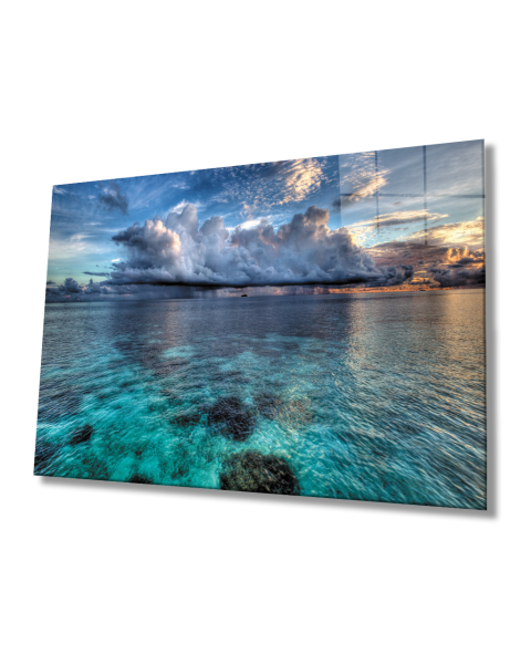 Gün Batımı Deniz Bulut Mavi Cam Tablo  4mm Dayanıklı Temperli Cam Sunset Sea Cloud Blue Glass Table 4mm Durable Tempered Glass