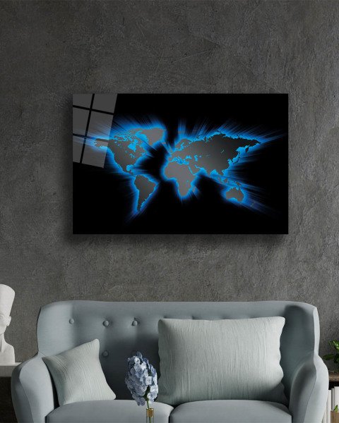 Mavi Işıklı Dünya Haritası 4mm Dayanıklı Cam Tablo Temperli Cam, Blue Lights World Map