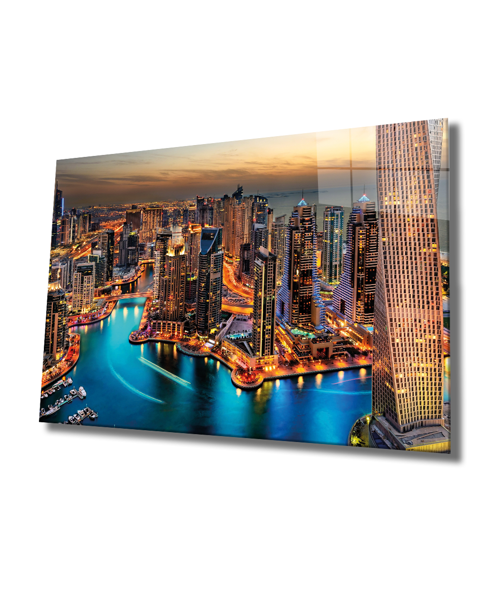 Işıklı Şehir Cam Tablo 4mm Dayanıklı Temperli Cam, Night City Glass Wall Decor