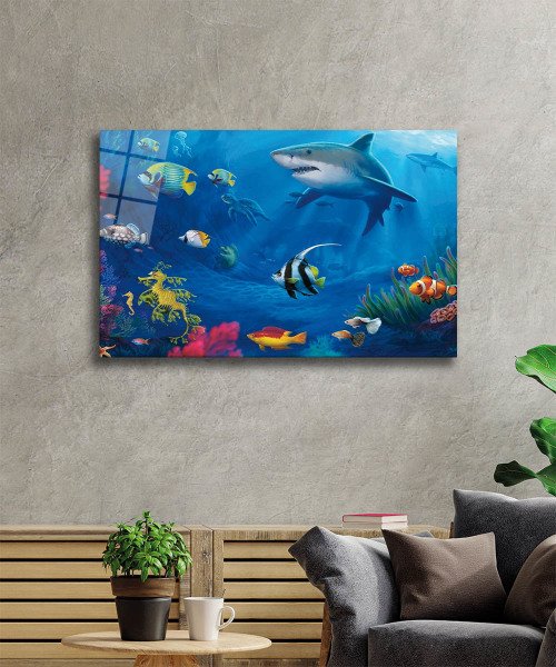 Köpek Balığı Cam Tablo  4mm Dayanıklı Temperli Cam, Shark Glass Wall Art