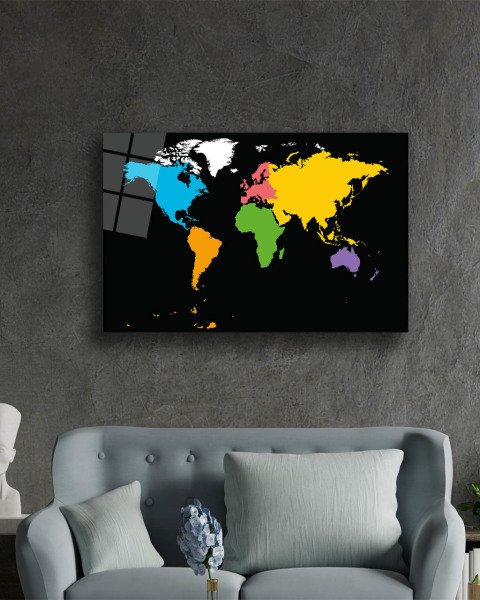 Rengarenk Dünya Haritası 4mm Dayanaklı Temperli Cam Tablo - Colorful World Map