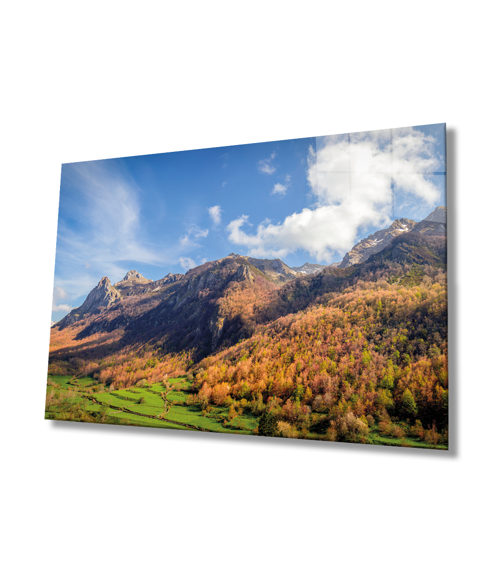 Dağ Manzara Yeşil Cam Tablo  4mm Dayanıklı Temperli Cam Mountain Landscape Green Glass Wall Art