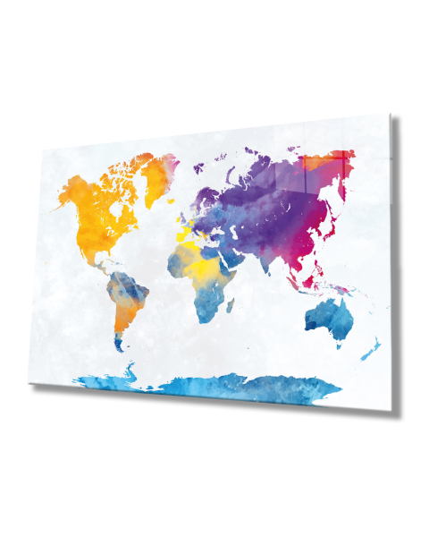 Renkli Dünya Haritası 4mm Dayanaklı Temperli Cam Tabo - A Colorful World Map