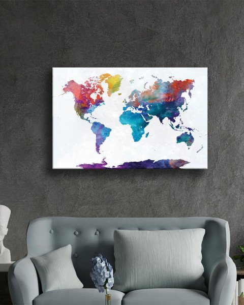 Renkli Dünya Haritası 4mm Dayanaklı Temperli Cam Tablo - Colorful World Map