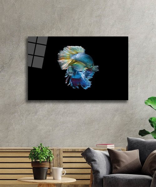 Mavi Balıklar Cam Tablo  4mm Dayanıklı Temperli Cam, Blue Fish Glass Wall Art