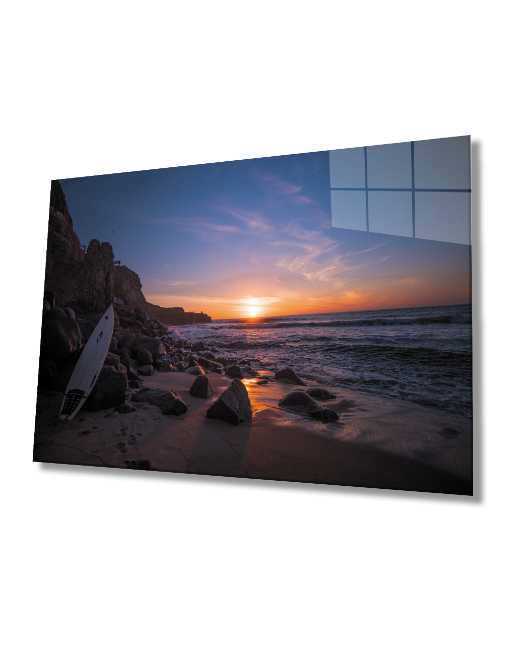 Gün Batımı Manzarası Deniz Sörf  Tahtası Cam Tablo  4mm Dayanıklı Temperli Cam Sunset View Sea Surfboard Glass Table 4mm Durable Tempered Glass