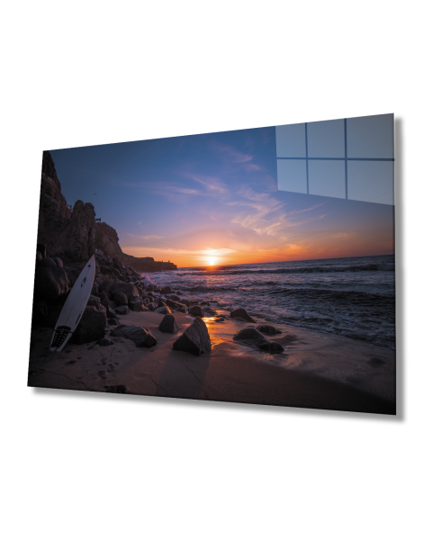 Gün Batımı Manzarası Deniz Sörf  Tahtası Cam Tablo  4mm Dayanıklı Temperli Cam Sunset View Sea Surfboard Glass Table 4mm Durable Tempered Glass