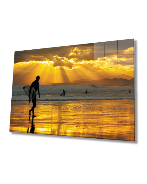 Gün Batımında Sörfçü Cam Tablo  4mm Dayanıklı Temperli Cam