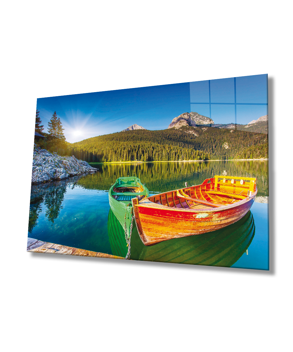 Kayık Göl Manzara Cam Tablo 4mm Dayanıklı Temperli Cam