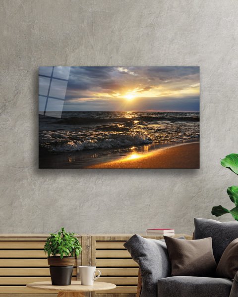 Deniz Dalga Sahil Gün Batımı Cam Tablo  4mm Dayanıklı Temperli Cam Sea Wave Beach Sunset Glass Painting 4mm Durable Tempered Glass